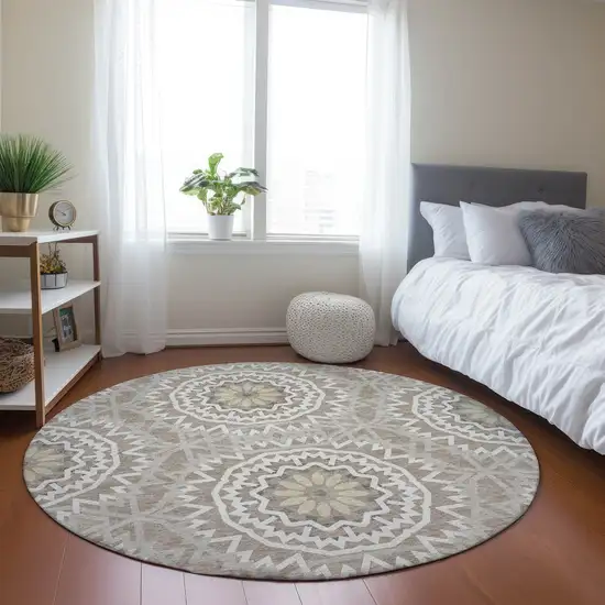 8' Taupe Khaki And Ivory Round Floral Medallion Washable Indoor Outdoor Area Rug Photo 7