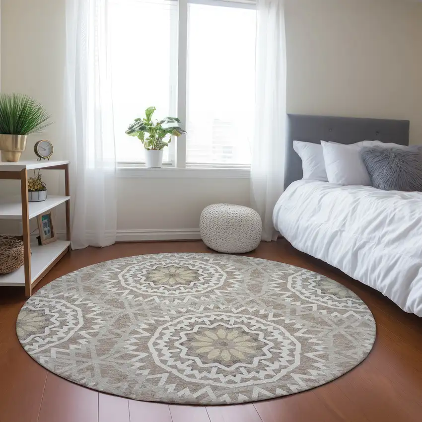 8' Taupe Khaki And Ivory Round Floral Medallion Washable Indoor Outdoor Area Rug Photo 7