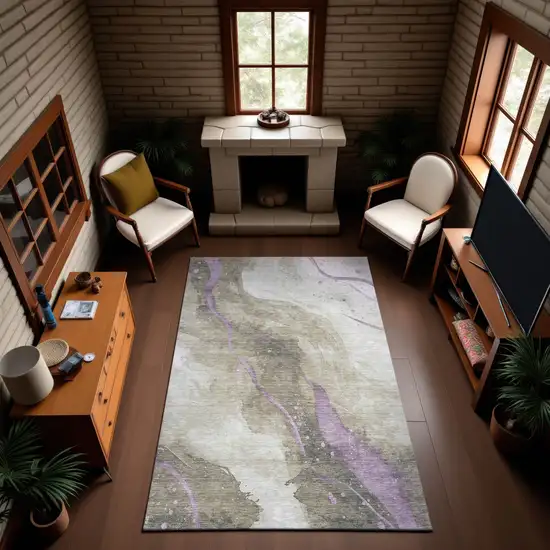 8' Taupe Lavender And Ivory Abstract Washable Area Rug With UV Protection Photo 3