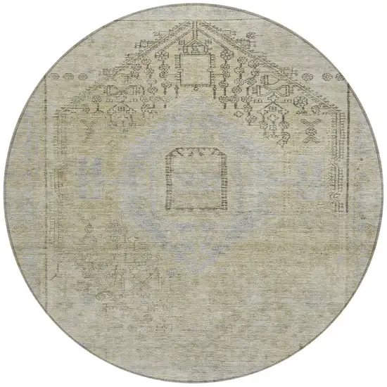 8' Taupe Light Blue And Gray Round Oriental Washable Indoor Outdoor Area Rug Photo 6