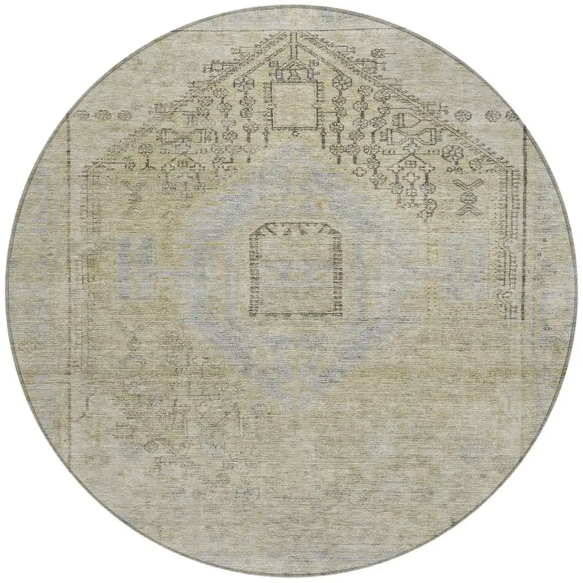 8' Taupe Light Blue And Gray Round Oriental Washable Indoor Outdoor Area Rug Photo 6