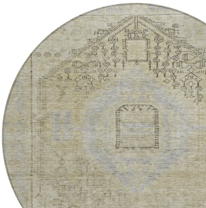 8' Taupe Light Blue And Gray Round Oriental Washable Indoor Outdoor Area Rug Photo 5