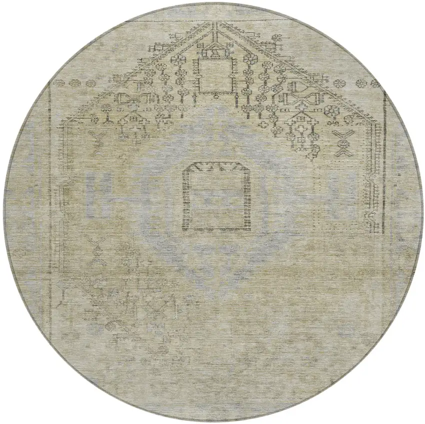 8' Taupe Light Blue And Gray Round Oriental Washable Indoor Outdoor Area Rug Photo 2