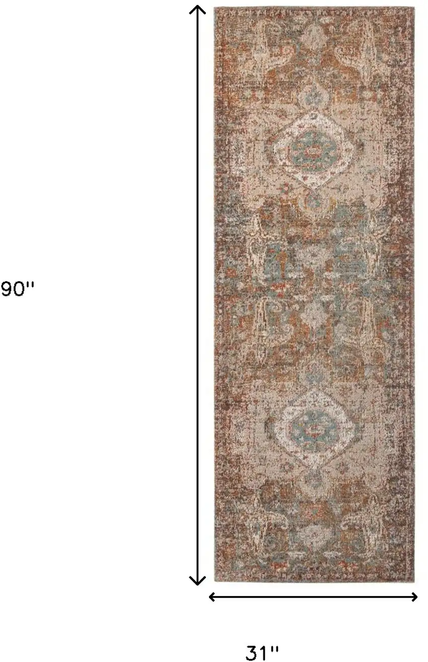 7' Taupe Medallion Power Loom Runner Rug With Fringe Photo 6