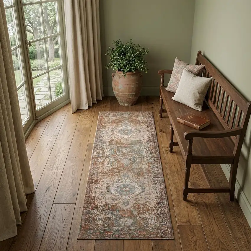 7' Beige Gray and Taupe Medallion Power Loom Runner Rug Photo 1