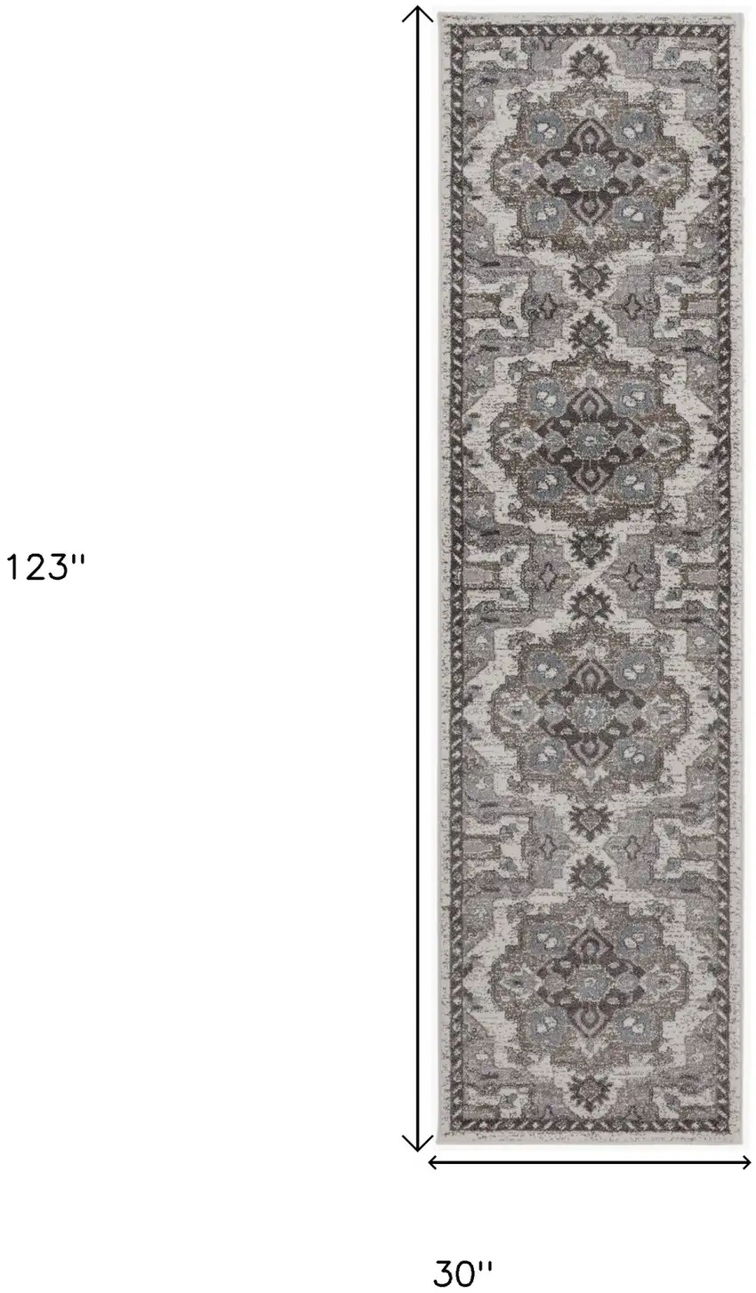 10' Taupe Medallion Power Loom Runner Rug Photo 6