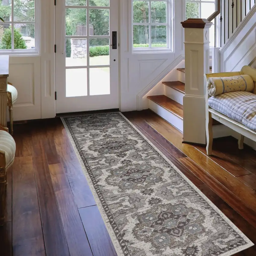10' Taupe Medallion Power Loom Runner Rug Photo 5