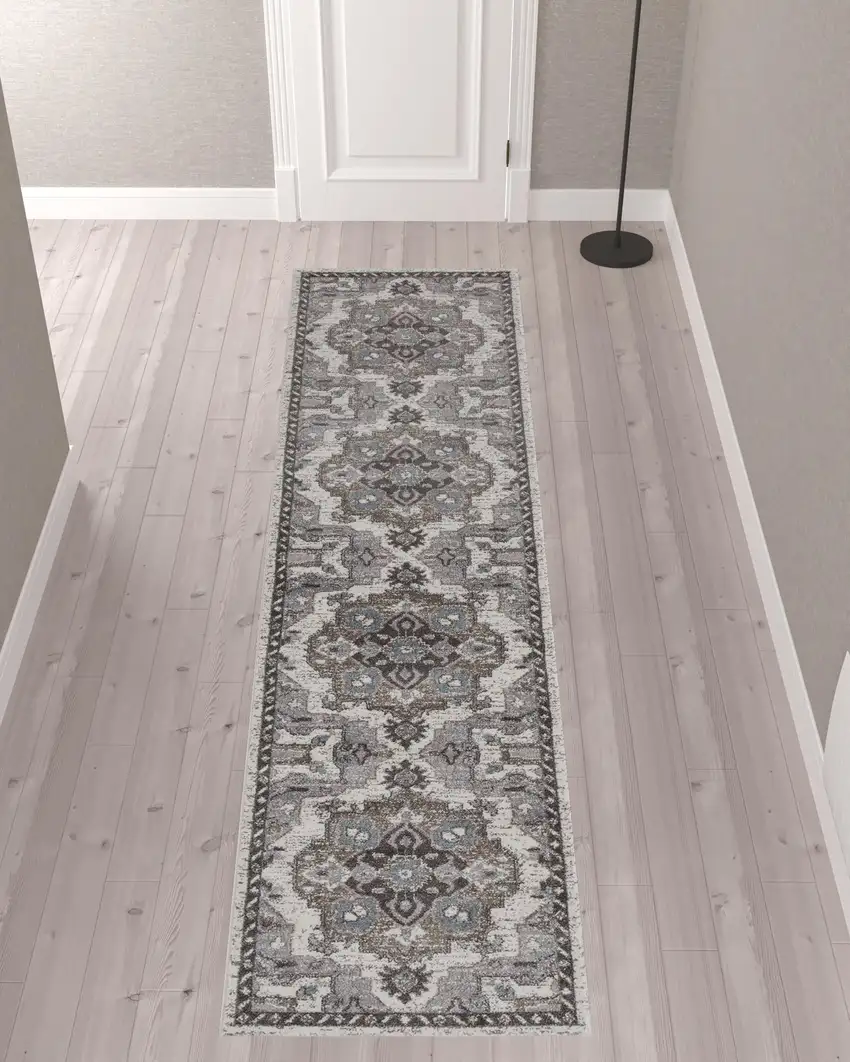 10' Taupe Medallion Power Loom Runner Rug Photo 4