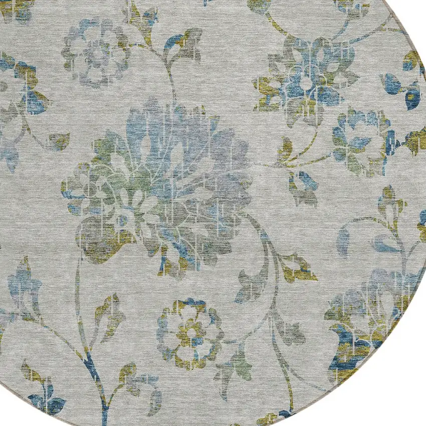 8' Taupe Navy Blue And Denim Blue Round Floral Washable Indoor Outdoor Area Rug Photo 5