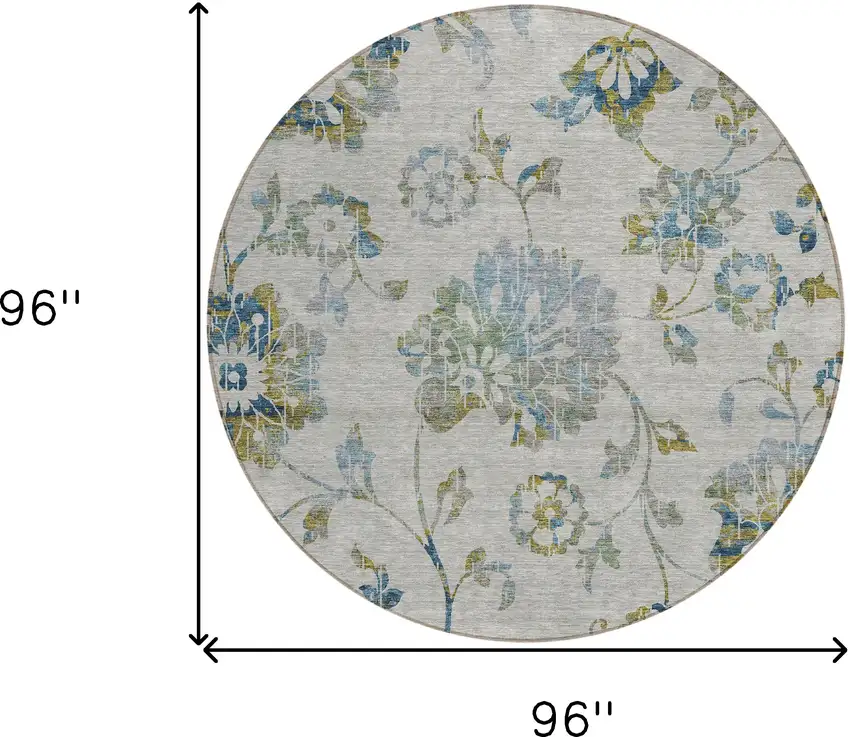 8' Taupe Navy Blue And Denim Blue Round Floral Washable Indoor Outdoor Area Rug Photo 3