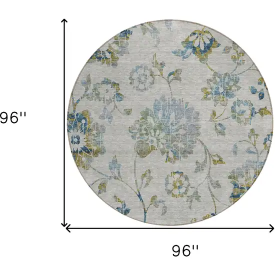 8' Taupe Navy Blue And Denim Blue Round Floral Washable Indoor Outdoor Area Rug Photo 3