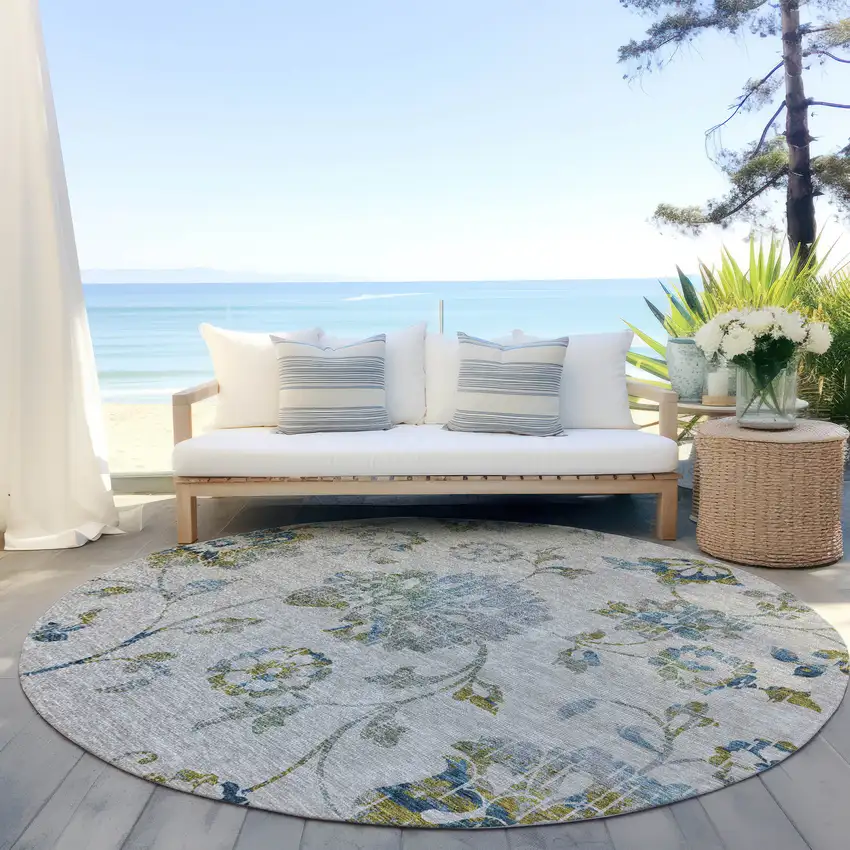 8' Taupe Navy Blue And Denim Blue Round Floral Washable Indoor Outdoor Area Rug Photo 7