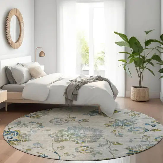 8' Taupe Navy Blue And Denim Blue Round Floral Washable Indoor Outdoor Area Rug Photo 8