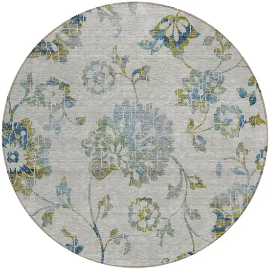 8' Taupe Navy Blue And Denim Blue Round Floral Washable Indoor Outdoor Area Rug Photo 2