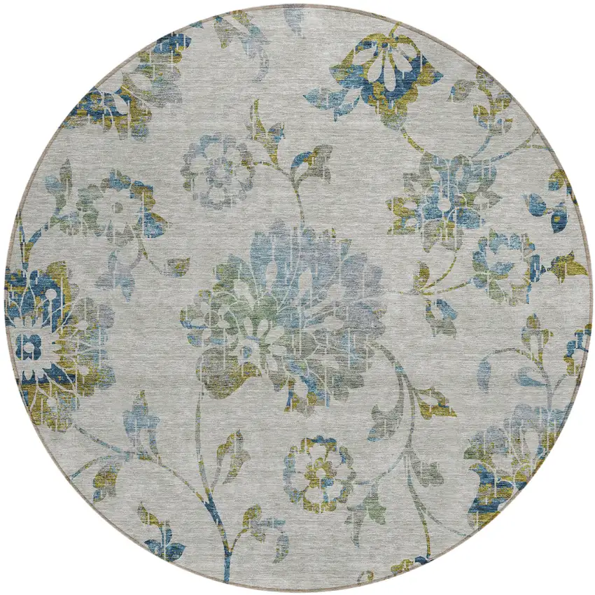 8' Taupe Navy Blue And Denim Blue Round Floral Washable Indoor Outdoor Area Rug Photo 2
