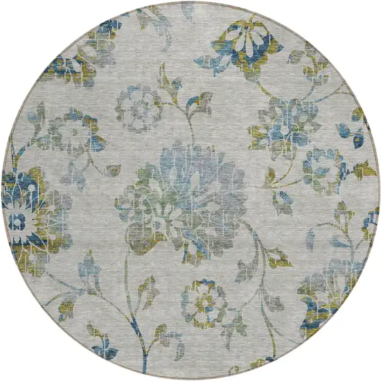 8' Taupe Navy Blue And Denim Blue Round Floral Washable Indoor Outdoor Area Rug Photo 2