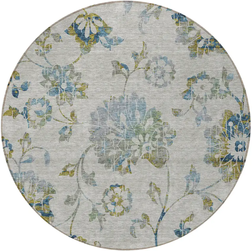 8' Taupe Navy Blue And Denim Blue Round Floral Washable Indoor Outdoor Area Rug Photo 6