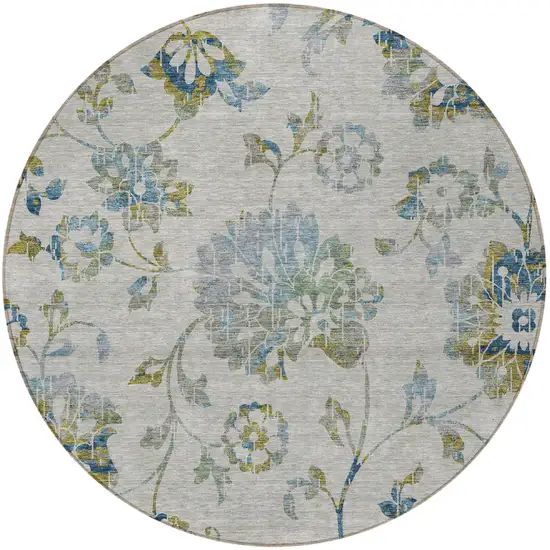 8' Taupe Navy Blue And Denim Blue Round Floral Washable Indoor Outdoor Area Rug Photo 6