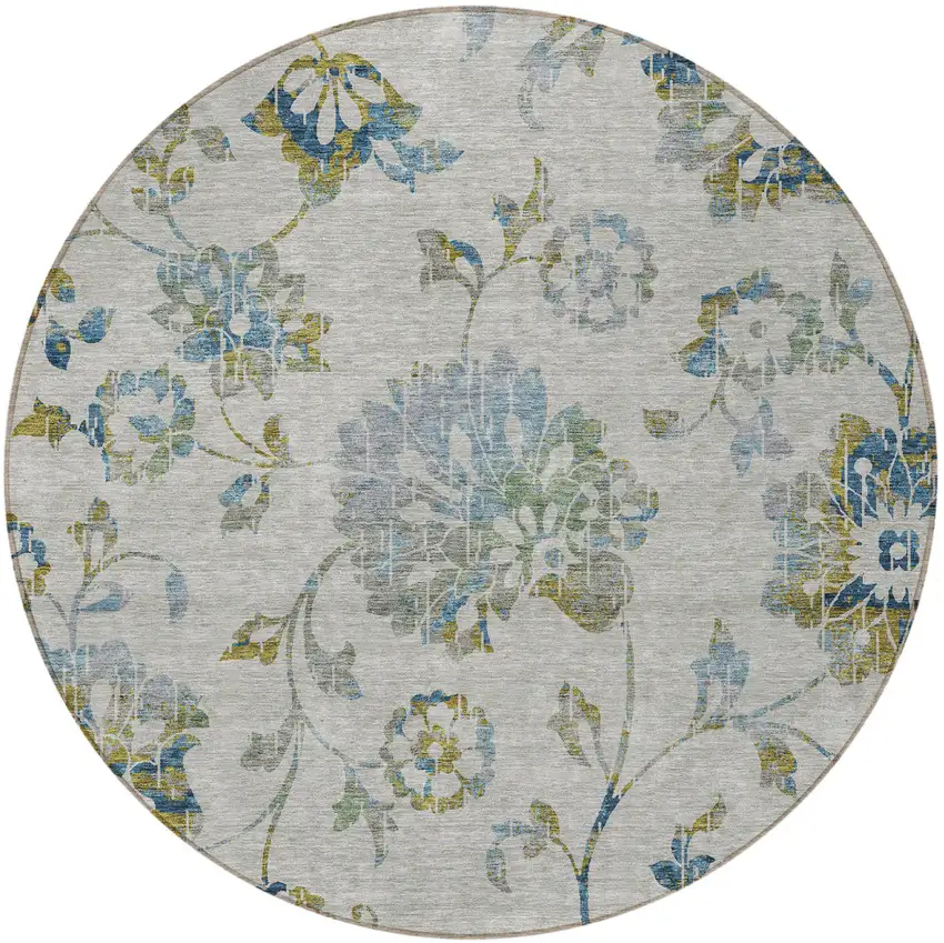 8' Taupe Navy Blue And Denim Blue Round Floral Washable Indoor Outdoor Area Rug Photo 6