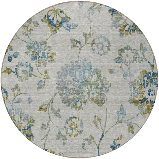 8' Taupe Navy Blue And Denim Blue Round Floral Washable Indoor Outdoor Area Rug Photo 6