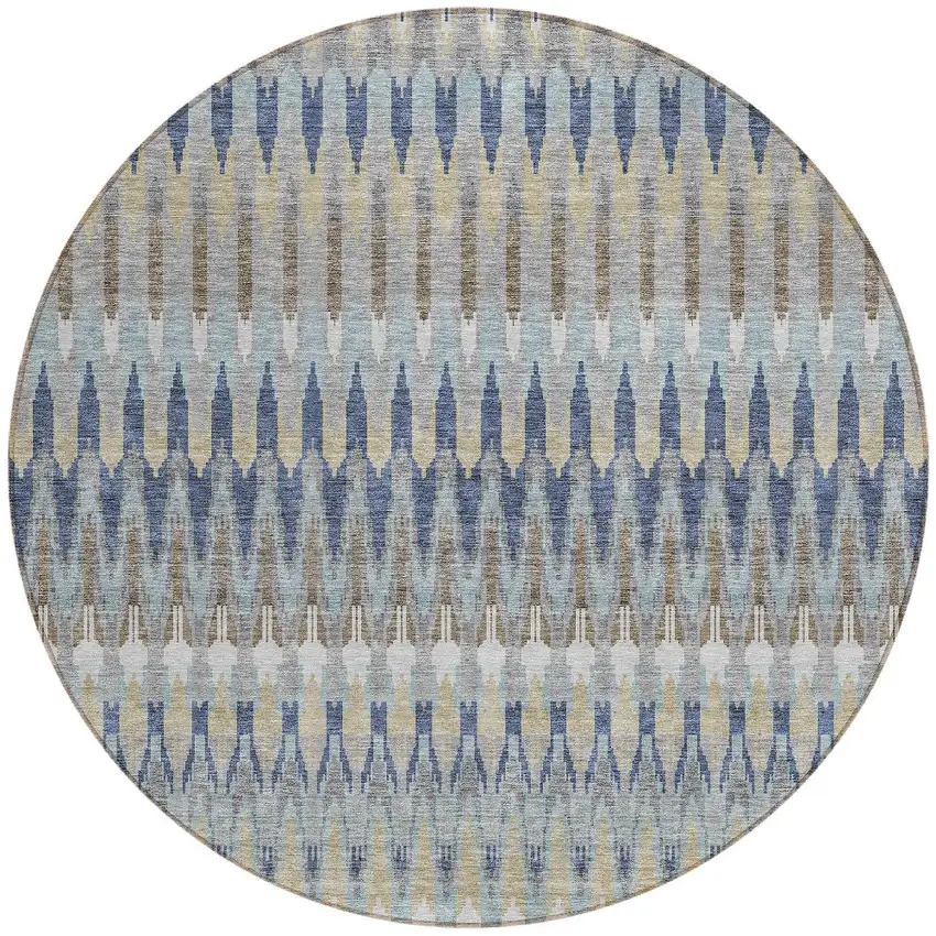 8' Taupe Navy Blue And Denim Blue Round Southwestern Washable Indoor Outdoor Area Rug Photo 5
