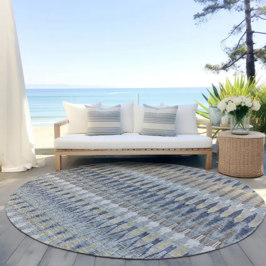 8' Taupe Navy Blue And Denim Blue Round Southwestern Washable Indoor Outdoor Area Rug Photo 7