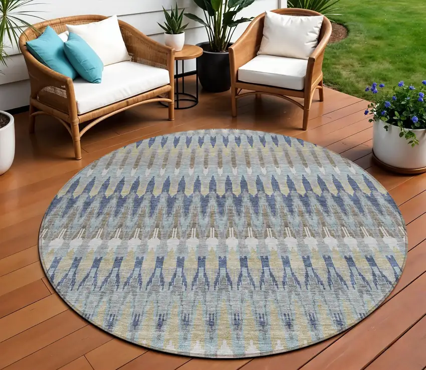 8' Taupe Navy Blue And Denim Blue Round Southwestern Washable Indoor Outdoor Area Rug Photo 1