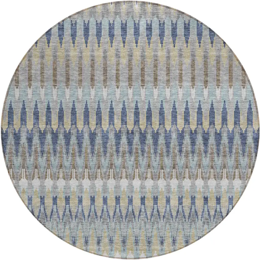 8' Taupe Navy Blue And Denim Blue Round Southwestern Washable Indoor Outdoor Area Rug Photo 2
