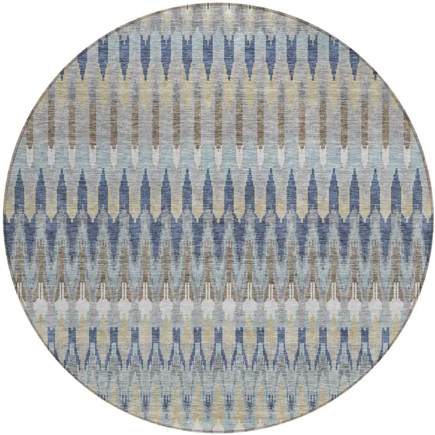 8' Taupe Navy Blue And Denim Blue Round Southwestern Washable Indoor Outdoor Area Rug Photo 2