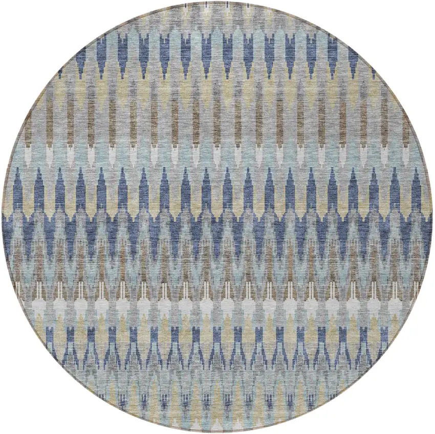 8' Taupe Navy Blue And Denim Blue Round Southwestern Washable Indoor Outdoor Area Rug Photo 6