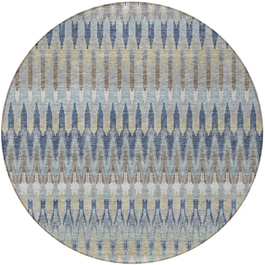 8' Taupe Navy Blue And Denim Blue Round Southwestern Washable Indoor Outdoor Area Rug Photo 6