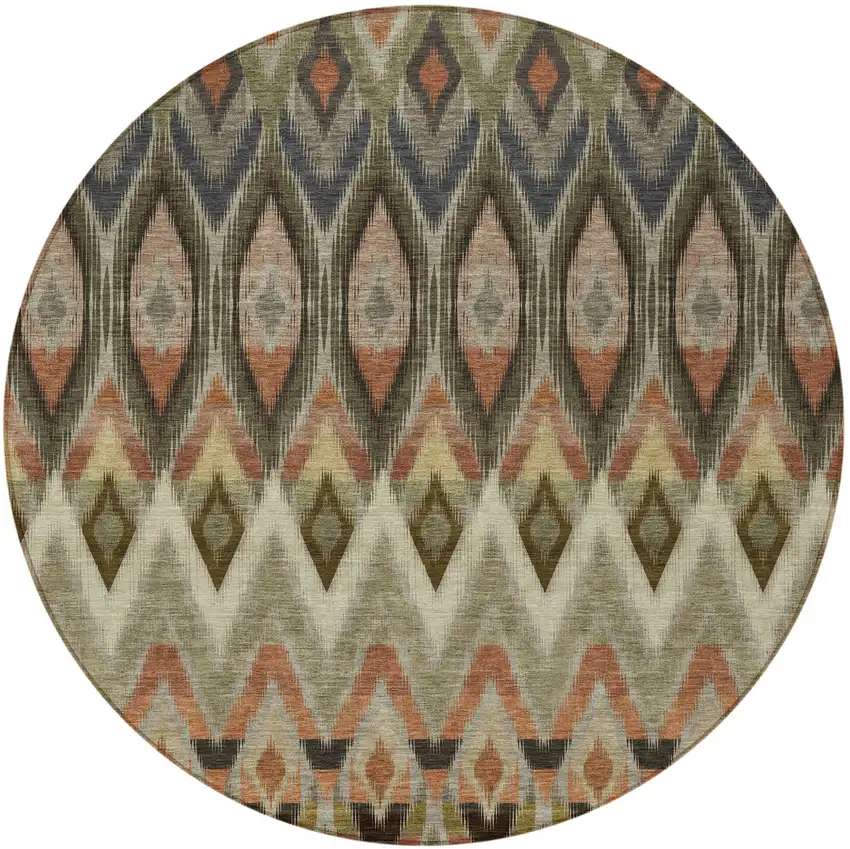 8' Taupe Olive Green And Beige Round Southwestern Washable Indoor Outdoor Area Rug Photo 5