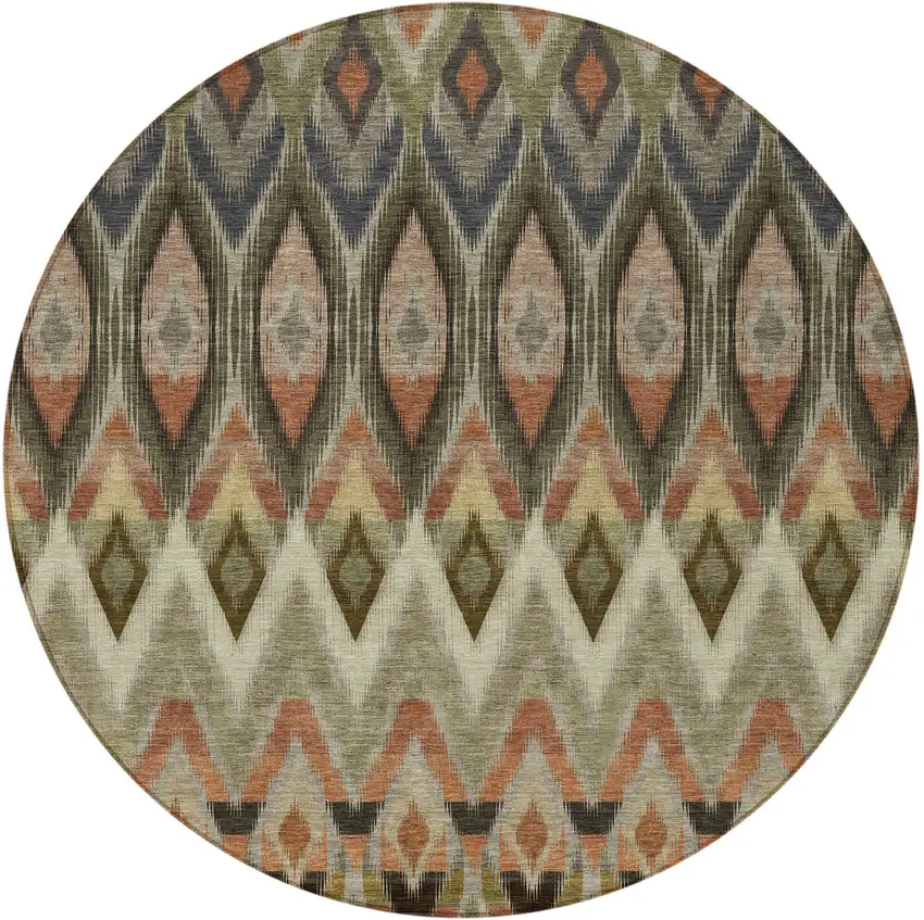 8' Taupe Olive Green And Beige Round Southwestern Washable Indoor Outdoor Area Rug Photo 5