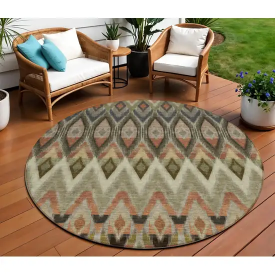 8' Taupe Olive Green And Beige Round Southwestern Washable Indoor Outdoor Area Rug Photo 1