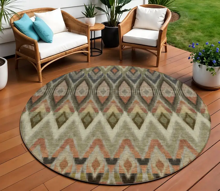 8' Taupe Olive Green And Beige Round Southwestern Washable Indoor Outdoor Area Rug Photo 1