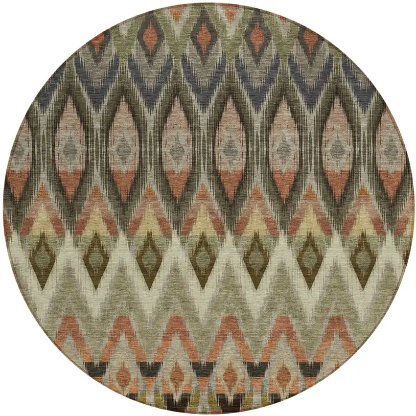 8' Taupe Olive Green And Beige Round Southwestern Washable Indoor Outdoor Area Rug Photo 2