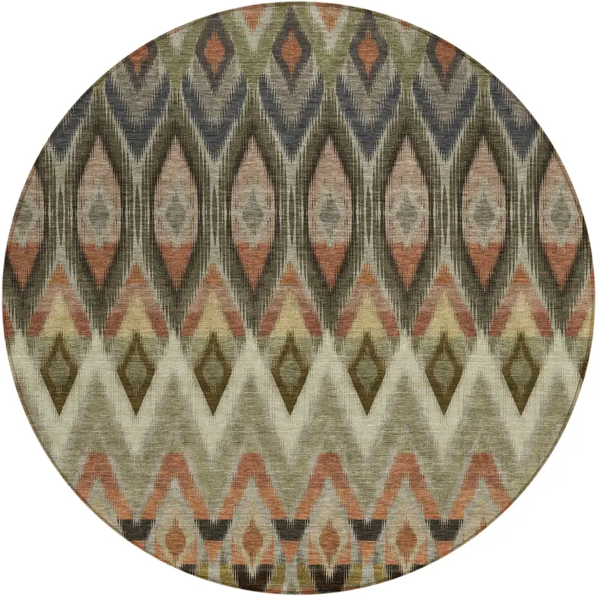 8' Taupe Olive Green And Beige Round Southwestern Washable Indoor Outdoor Area Rug Photo 2
