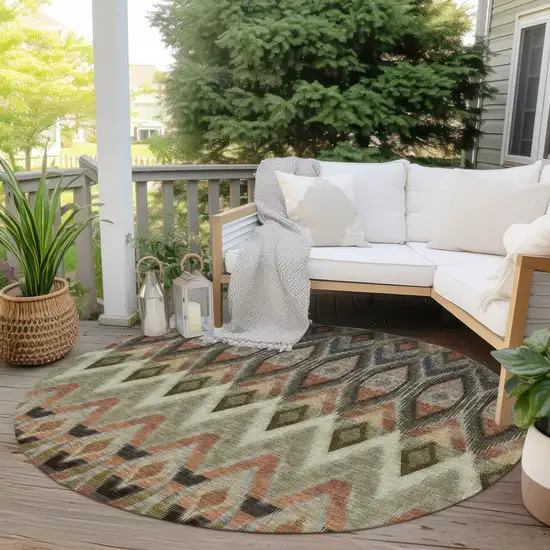 8' Taupe Olive Green And Beige Round Southwestern Washable Indoor Outdoor Area Rug Photo 6