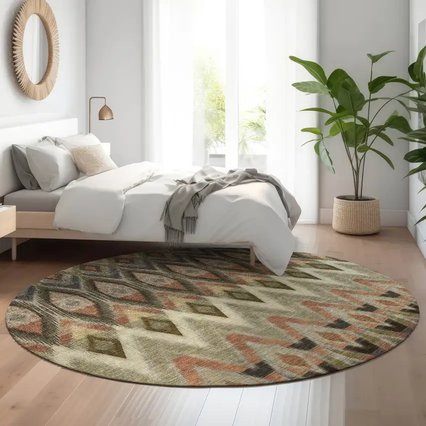 8' Taupe Olive Green And Beige Southwestern Washable Round Rug With UV Protection Photo 4