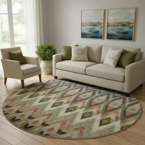 8' Taupe Olive Green And Beige Southwestern Washable Round Rug With UV Protection Photo 1