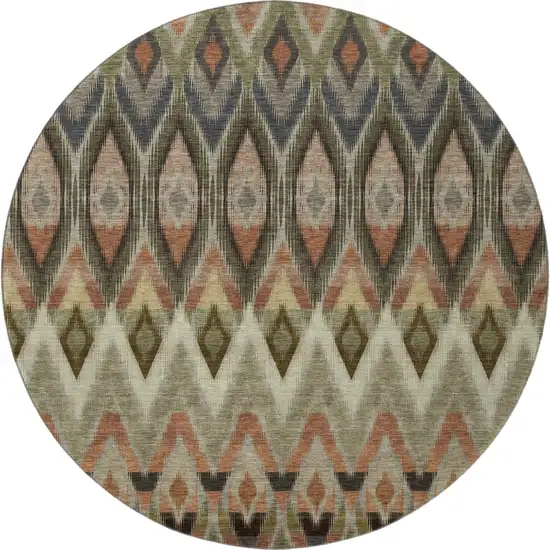 8' Taupe Olive Green And Beige Southwestern Washable Round Rug With UV Protection Photo 3