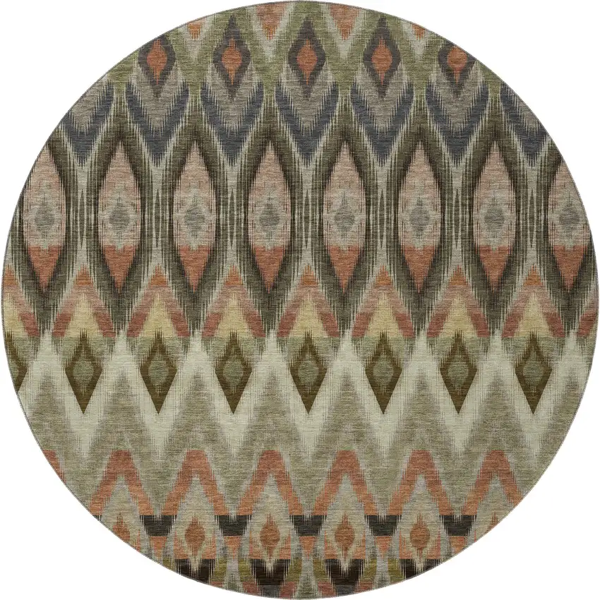 8' Taupe Olive Green And Beige Southwestern Washable Round Rug With UV Protection Photo 3
