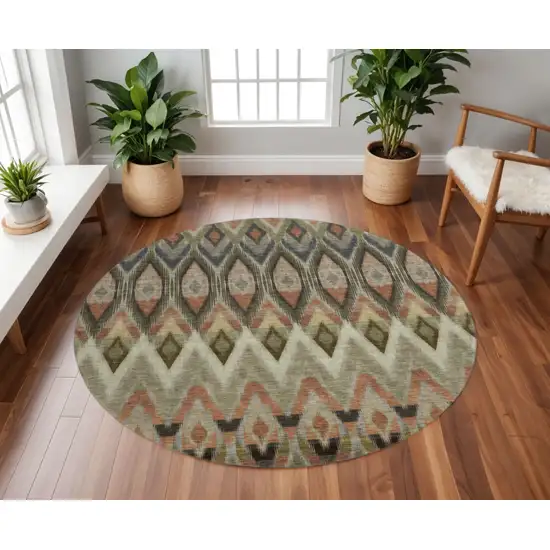 8' Taupe Olive Green And Beige Southwestern Washable Round Rug With UV Protection Photo 2