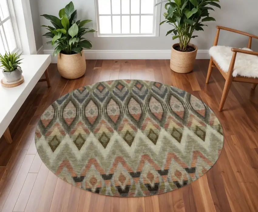 8' Taupe Olive Green And Beige Southwestern Washable Round Rug With UV Protection Photo 2