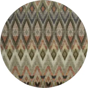 Photo of 8' Taupe Olive Green And Beige Southwestern Washable Round Rug With UV Protection