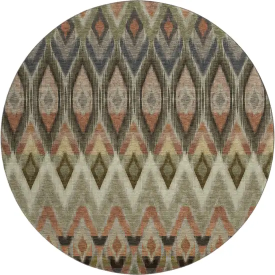 8' Taupe Olive Green And Beige Southwestern Washable Round Rug With UV Protection Photo 1