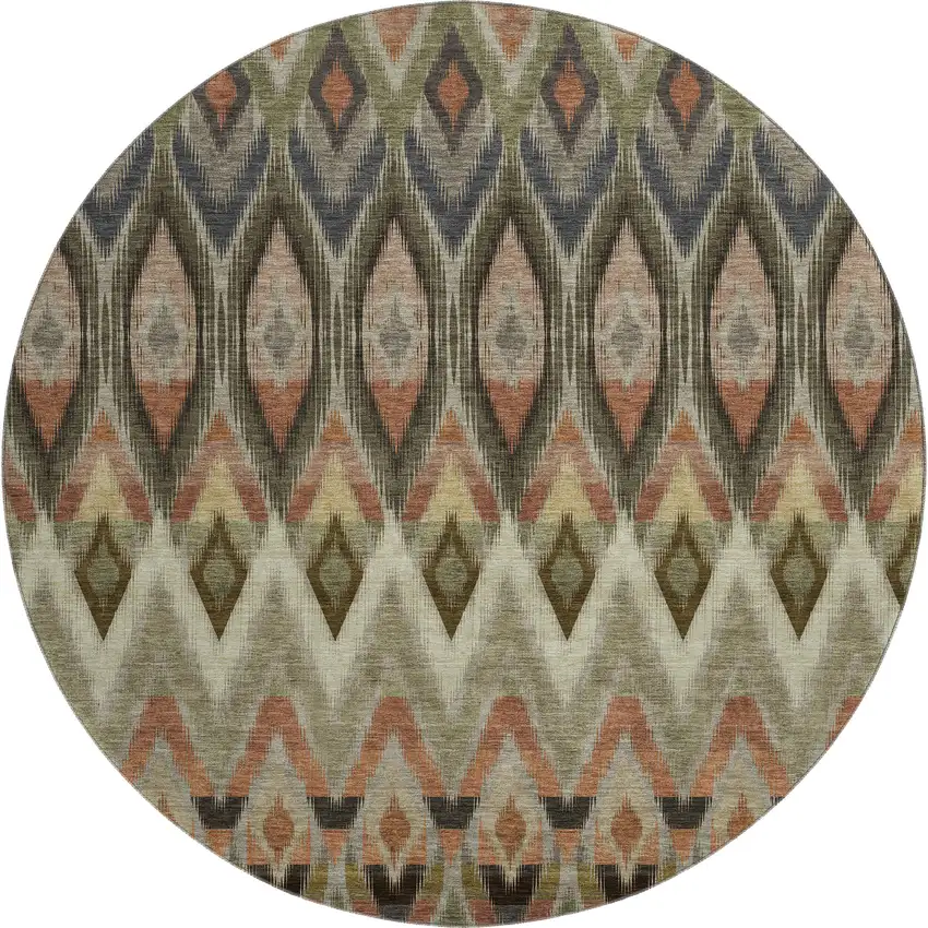 8' Taupe Olive Green And Beige Southwestern Washable Round Rug With UV Protection Photo 1