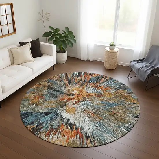 8' Taupe Orange And Ivory Round Abstract Washable Indoor Outdoor Area Rug Photo 8