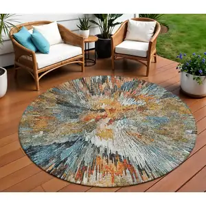 Photo of 8' Taupe Orange And Ivory Round Abstract Washable Indoor Outdoor Area Rug
