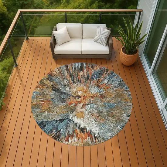8' Taupe Orange And Ivory Round Abstract Washable Indoor Outdoor Area Rug Photo 9